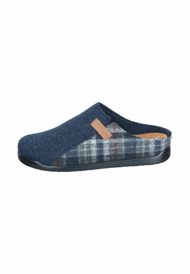 Wool slip-on slipper featuring a navy upper and gray plaid side texture. Equipped with a black rubber sole and tan leather accent label.