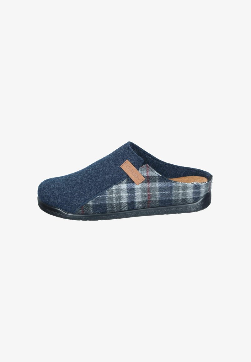 Wool slip-on slipper featuring a navy upper and gray plaid side texture. Equipped with a black rubber sole and tan leather accent label.