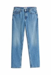 Jeans de mezclilla de color azul claro con un diseño de pierna recta, estilo de cinco bolsillos y cierre frontal con botón. Presentan un ligero desvanecimiento en los muslos.
