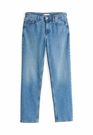 Hellblaue Denim-Jeans mit geradem Bein, im Fünf-Taschen-Stil und einem Frontknopfverschluss. Mit subtilen Waschungen an den Oberschenkeln.