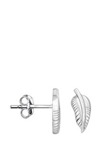 Örhängen i sterling silver formade som blad med detaljerade gravyrer och en polerad yta, som visar en slät och texturerad design.