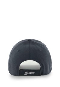Black baseball cap with adjustable strap and embroidered "Braves" logo on back. Made of fabric, featuring ventilation holes and curved brim.
