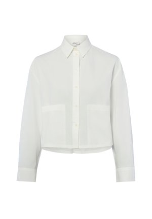 Biała, długorękawowa krótka koszula z ostrym kołnierzem, zapinana z przodu na guziki, z dwoma naszywanymi kieszeniami na przodzie.