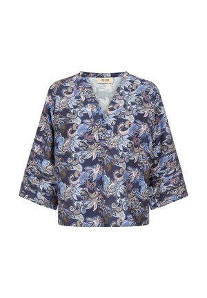 Modrá blúzka so širokými rukávmi s kvetinovým vzorom paisley v odtieňoch modrej, hnedej a ružovej a výstrihom do V.