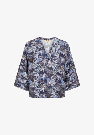 Blauwe blouse met brede mouwen, voorzien van een bloemig paisley-patroon in tinten blauw, bruin en roze, met een V-hals.