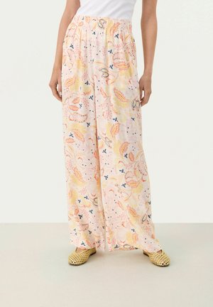 Pink patterned wide-leg pants with an elastic waistband, featuring floral designs in yellow, orange, and blue hues, made from lightweight fabric.