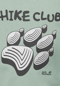 Κείμενο "Hike Club" πάνω από ένα στυλιζαρισμένο λευκό και μαύρο αποτύπωμα πατούσας ζώου με το λογότυπο Jack Wolfskin σε ανοιχτό πράσινο ύφασμα.