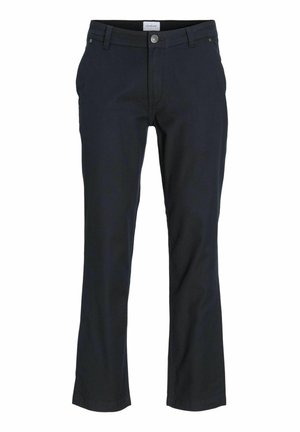 Pantaloni in cotone blu navy con taglio dritto, dotati di chiusura frontale con bottone, passanti per la cintura e tasche laterali. Texture liscia e design classico.