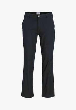 Navyblauwe katoenen broek met een rechte snit, voorzien van een sluiting met een knop aan de voorkant, riemlussen en zijzakken. Glad textuur en een klassiek ontwerp.