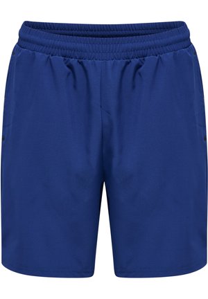 Blauwe sportshorts van gladde stof, met een elastische tailleband en zijzakken. Het ontwerp is eenvoudig zonder zichtbare patronen.