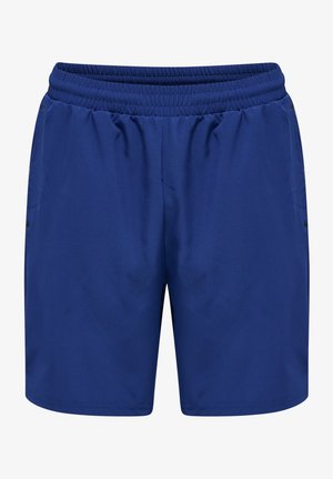 Blauwe sportshorts van gladde stof, met een elastische tailleband en zijzakken. Het ontwerp is eenvoudig zonder zichtbare patronen.