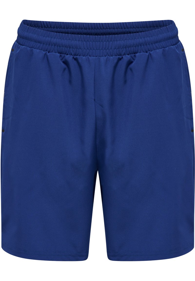 Blå sportiga shorts i slät tyg, med resårmidja och sidofickor. Designen är enkel utan synliga mönster.