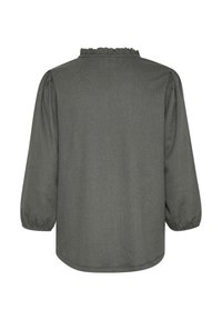 Dunkelgraue Bluse mit Puffärmeln, gerafftem Kragen und strukturiertem Stoff. Einfaches, lockeres Design mit geradem Saum.