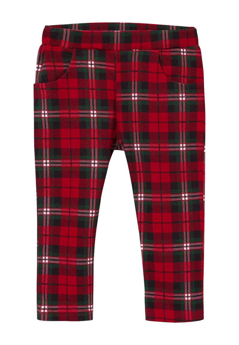 Czerwono-zielone spodnie w kratę z elastycznym pasem, wyposażone w dwie boczne kieszenie i wykonane z miękkiego, teksturowanego materiału.