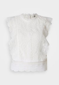 Weißes Spitzenoberteil mit geschwungenen Ärmeln und Saum, filigranen Blumenmustern und einem hohen Ausschnitt mit Reißverschluss auf der Rückseite.