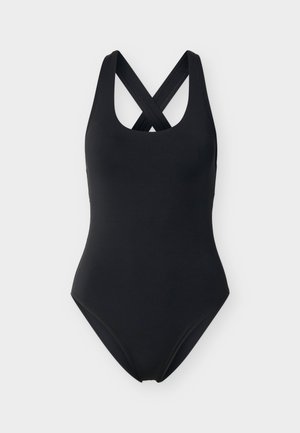 Zwarte eendelig badpak met brede schouderbanden die elkaar achter kruisen, een ronde halslijn en hoog uitgesneden pijpen.