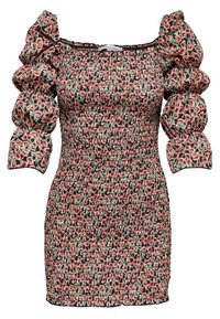 Sukienka w kwiatowy wzór z bufiastymi rękawami, na czarnym tle, z czerwonymi i zielonymi akcentami. Wykonana z elastycznego, strukturalnego materiału, dopasowany fason.
