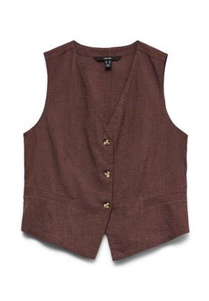 Pruun varrukateta vest koos V-kaelusega, kolme ees nupuga ja kahe horisontaalse eesmise taskuga, valmistatud tekstuurse kangast.