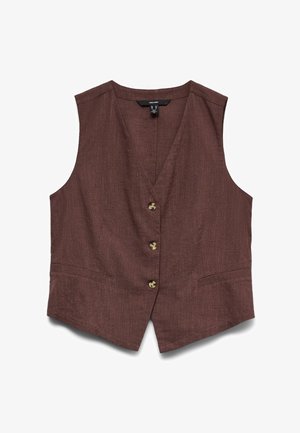 Pruun varrukateta vest koos V-kaelusega, kolme ees nupuga ja kahe horisontaalse eesmise taskuga, valmistatud tekstuurse kangast.
