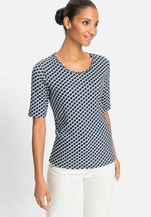 Navy and white patterned t-shirt with a scoop neck, short sleeves, and a fitted design, made from a soft, stretchy fabric.