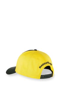 Casquette jaune avec une visière noire, comportant le texte brodé "MARSUPILAMI" à l'arrière et une fermeture ajustable à pression.