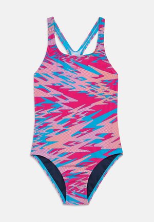 One-piece swimsuit in pink and blue with abstract zigzag pattern, featuring a scoop back and crisscross straps. Smooth fabric texture.