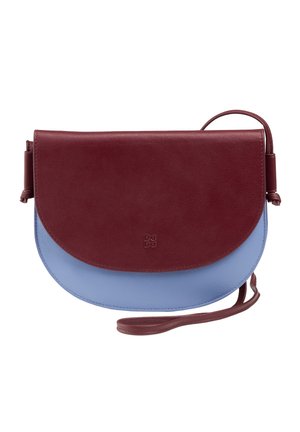 Red and blue leather crossbody bag with a rounded flap, adjustable strap, and embossed logo on the front. Smooth texture.