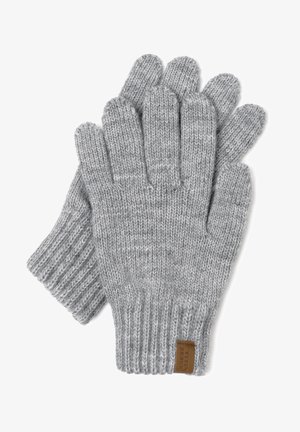 Grijze gebreide handschoenen met een geribbelde manchet, vingerdesign, zachte textuur en een leren label op de pols.