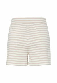 Prugaste kratke hlače u svijetlo ružičastoj i bijeloj boji s elastičnom trakicom u struku. Mekana, pamučna tkanina s glatkom teksturom i opuštenim krojem.