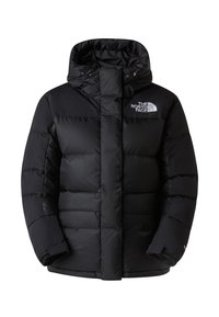Chaqueta inflable negra con un cuello alto, cremallera y cierre a presión. Presenta secciones acolchadas y un logo en la parte superior izquierda del pecho.
