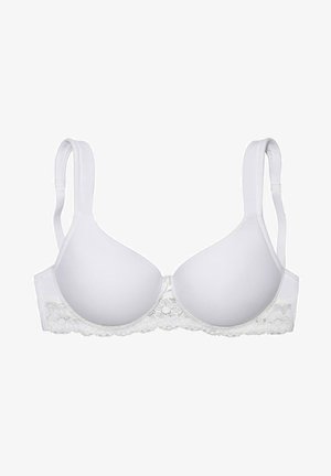 White underwire bra with smooth fabric cups, adjustable straps, and a lace band at the base. Features a hook-and-eye closure at the back.