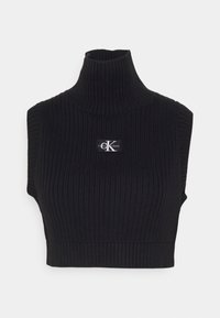 Czarny prążkowany top bez rękawów z golfem o dopasowanym kroju. Posiada naszywkę z logo z przodu oraz teksturowaną dzianinę.