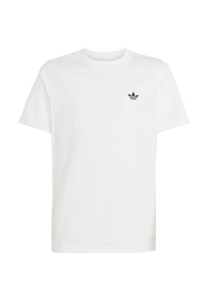 Weißes T-Shirt mit kurzen Ärmeln und einem schwarzen Adidas Trefoil-Logo auf der linken Brust sowie einem Rundhalsausschnitt.