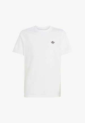 Hvid T-shirt med korte ærmer med sort Adidas trefoil-logo på venstre bryst og rund halsudskæring.