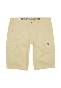 Beige cargo šortky vyrobené z bavlneného zmesi, s dvoma bočnými vreckami, jedným vreckom na stehne so klopou a vyšitým logom na leme.