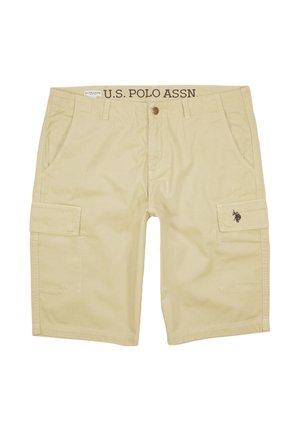Pantaloni cargo beige realizzati in tessuto misto cotone, dotati di due tasche laterali, una tasca con pattina sulla coscia e logo ricamato sull'orlo.