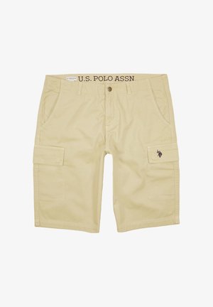Pantaloni cargo beige realizzati in tessuto misto cotone, dotati di due tasche laterali, una tasca con pattina sulla coscia e logo ricamato sull'orlo.