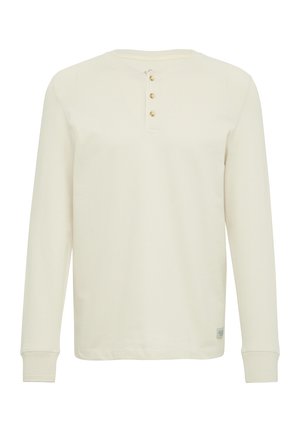 Langarm-Cremeshirt aus Baumwolle mit Rundhalsausschnitt, drei Knöpfen und gerippten Manschetten. Glatte Textur ohne Muster.