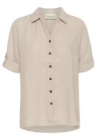 Beige linnen shirt met korte mouwen, een knoopsluiting aan de voorkant, een kraag en opgerolde mouwen. Voorzien van bruine knopen en een ontspannen pasvorm.