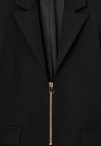 Blazer nero con chiusura a zip e hardware dorato, rever a punta e tasche laterali. Tessuto liscio con finitura opaca.