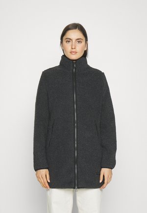 Schwarze Fleecejacke mit hohem Kragen, vollem Frontreißverschluss und Taschen an den Seiten. Strukturiertes, weiches Material mit lässiger Passform.