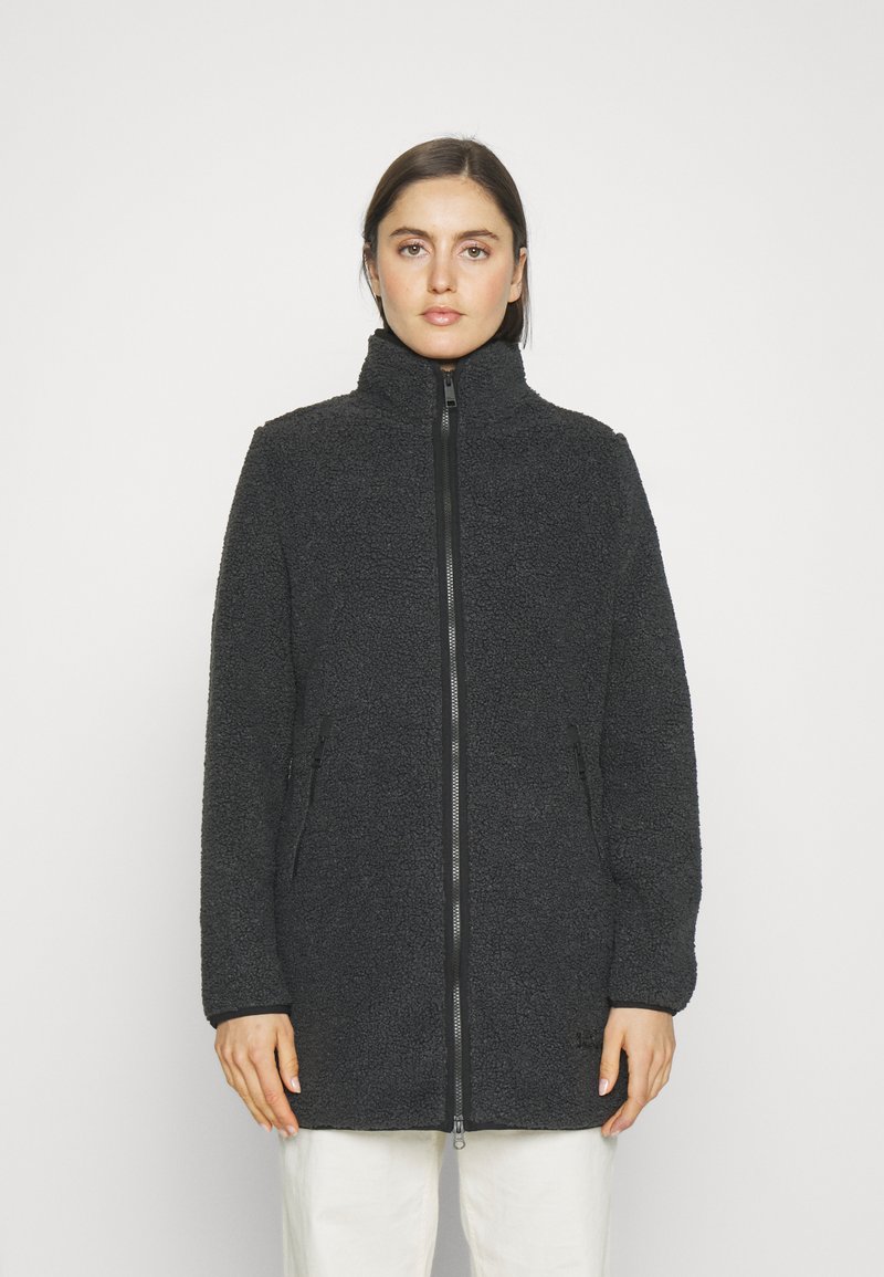 Schwarze Fleecejacke mit hohem Kragen, vollem Frontreißverschluss und Taschen an den Seiten. Strukturiertes, weiches Material mit lässiger Passform.