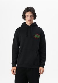 Black hooded sweatshirt featuring a front pocket and a colorful "HUF" logo on the chest. Soft fabric with ribbed cuffs and hem.