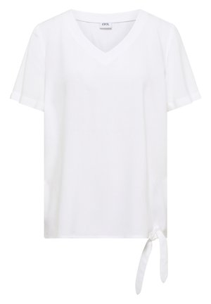 Witte blouse met korte mouwen en V-hals met een zijstikdetail aan de zoom, gemaakt van gladde stof.