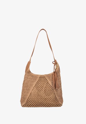 Borsa a tracolla marrone intrecciata con una tracolla lunga, caratterizzata da un nappina decorativa sul lato e una morbida fodera interna in tessuto.