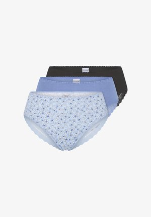 Three pairs of women's panties: one black, one solid light blue, and one floral patterned in blue and white with lace trim along the edges.