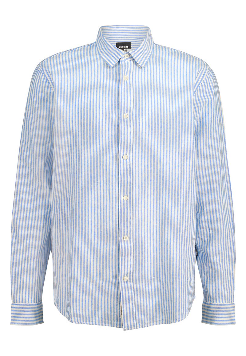 Light blue and white vertical striped long-sleeve button-up shirt with collar and cuffs, displayed on a plain background.