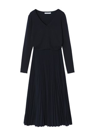 Vestido de manga larga en color marino con escote en V, que presenta un cuerpo ajustado y una falda plisada, hecho de una tela suave que ofrece una textura lisa.