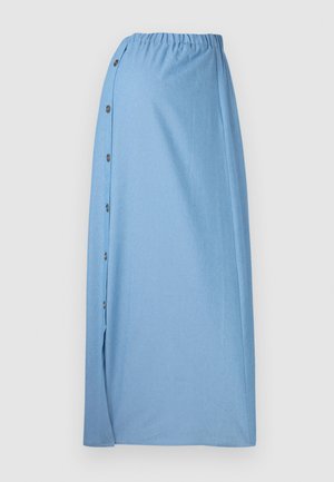 Jasnoniebieska spódnica wykonana z miękkiego materiału, z marszczoną talią, bocznymi guzikami oraz rozcięciem z lewej strony dla dodatkowego akcentu.