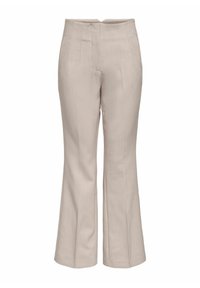 Pantalon beige pour femmes à taille haute avec légère évasement, coutures avant détaillées et poches latérales, présenté sur un fond blanc.